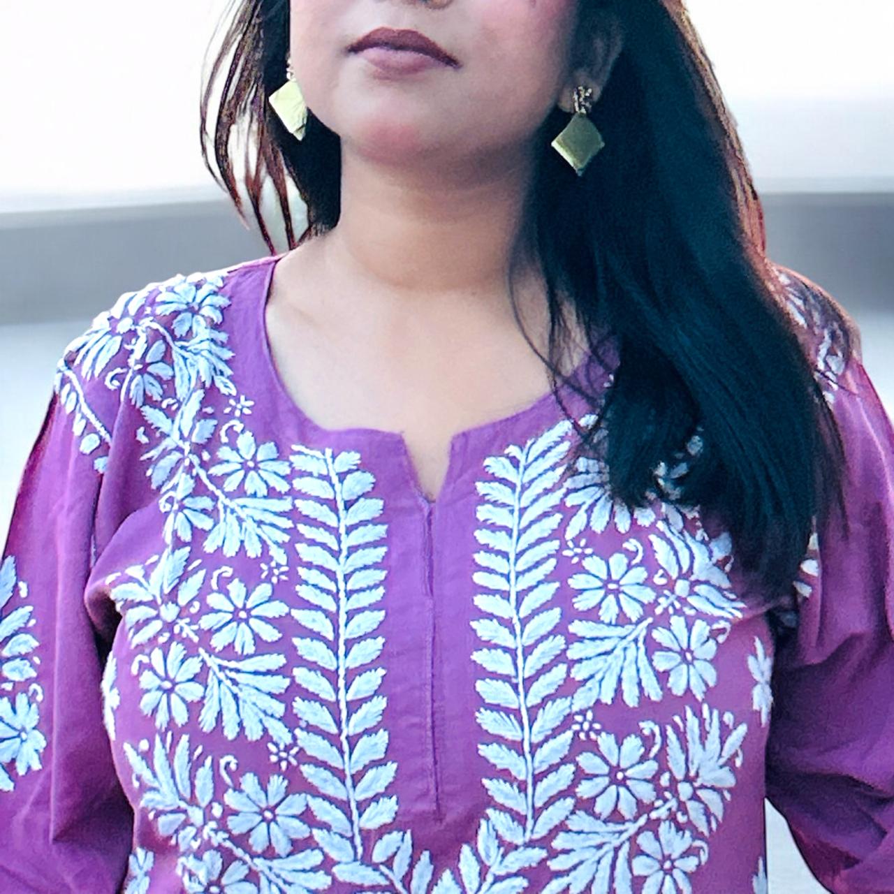 Mulmul Long Chikankari Kurta White Thread Lavender 