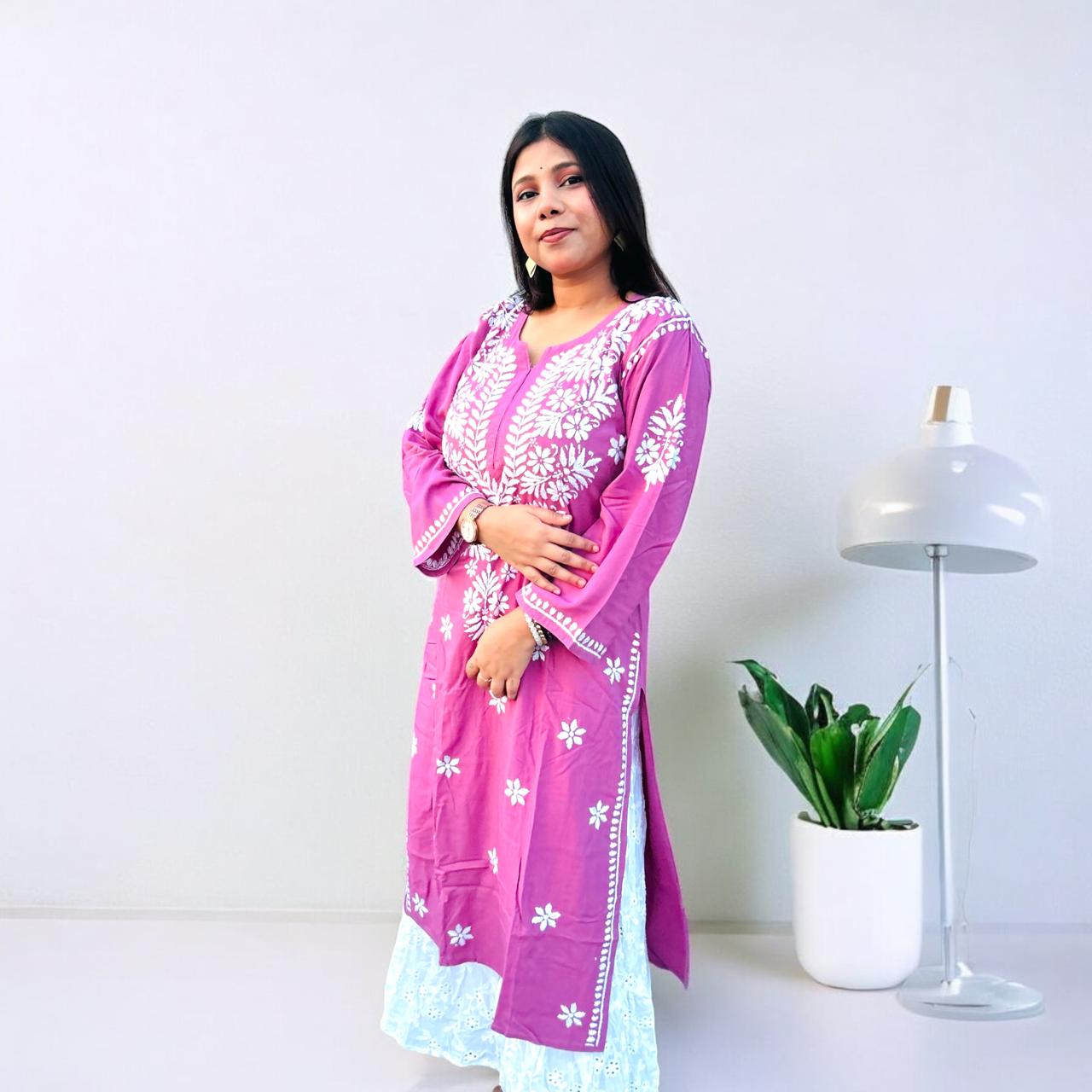 Mulmul Long Chikankari Kurta White Thread Lavender 