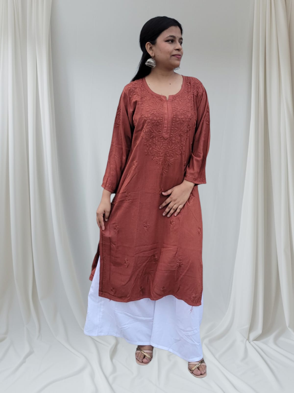 Mulmul Long Chikankari Kurta Brown