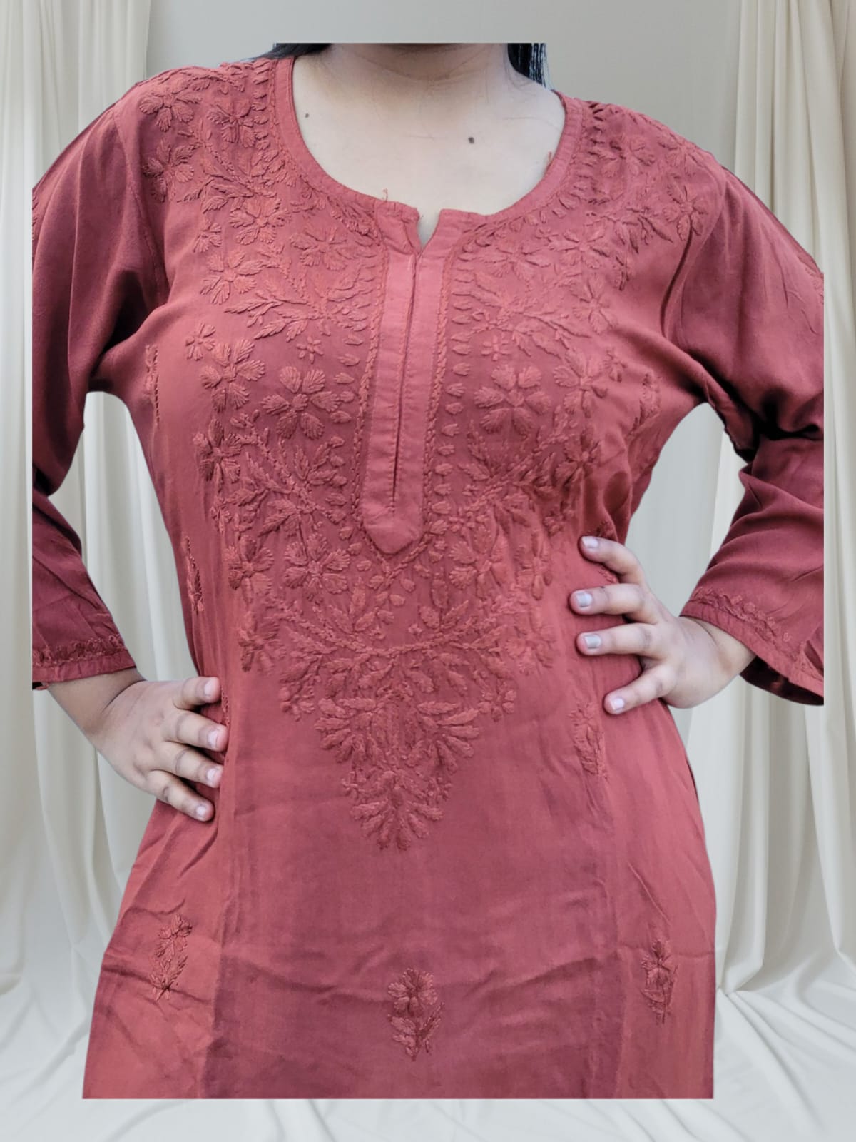 Mulmul Long Chikankari Kurta Brown