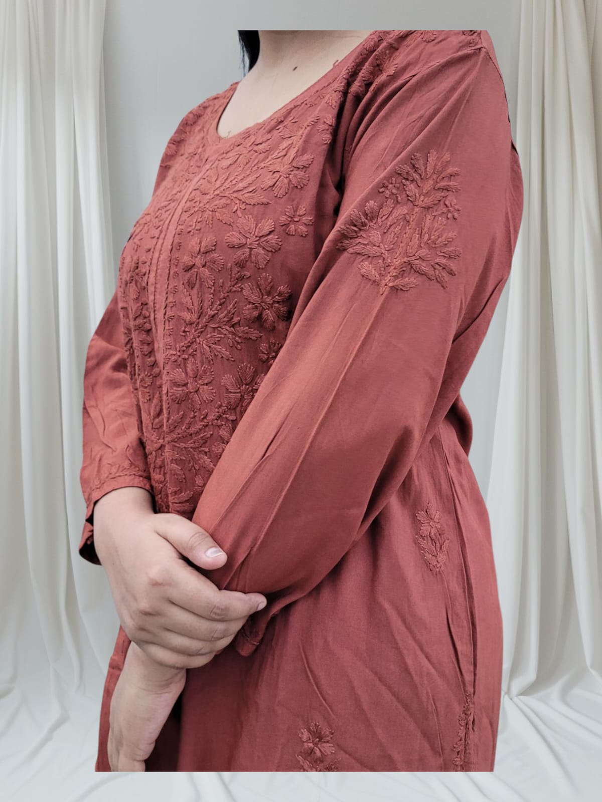 Mulmul Long Chikankari Kurta Brown