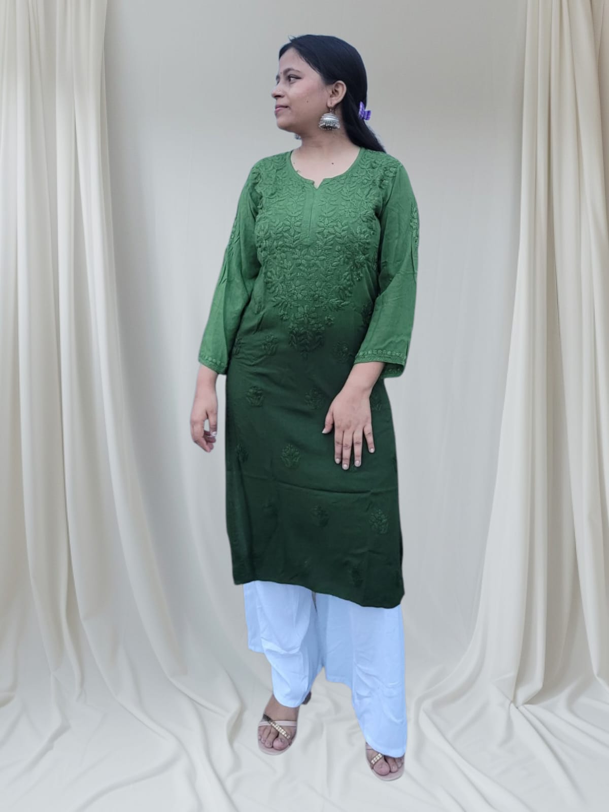 Mulmul Long Chikankari Kurta Dual green