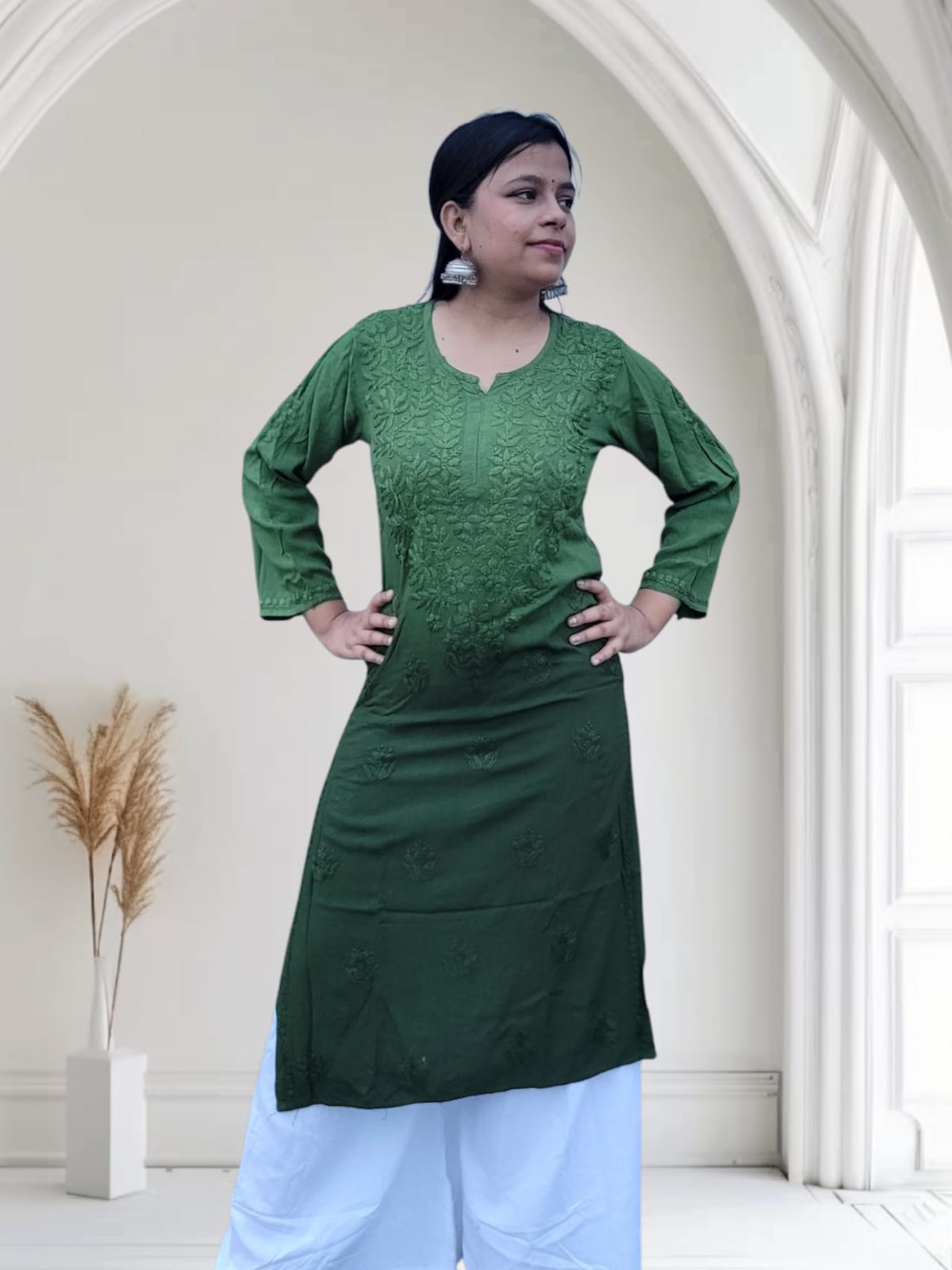 Mulmul Long Chikankari Kurta Dual green