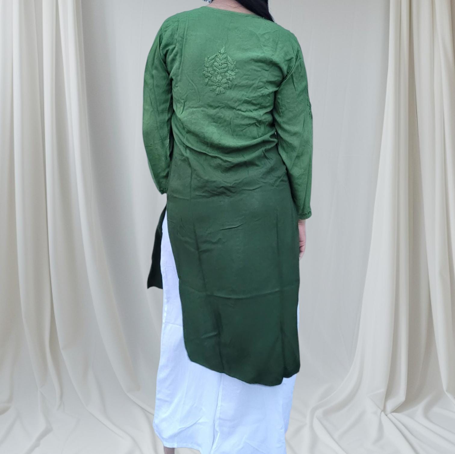 Mulmul Long Chikankari Kurta Dual green