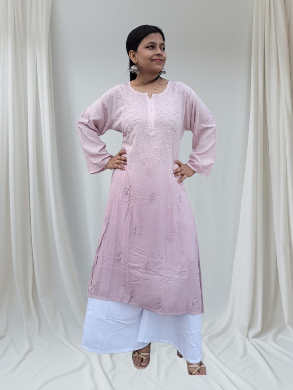 Mulmul Long Chikankari Kurta White Peach