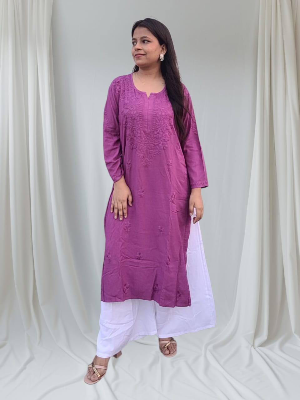 Mulmul Long Chikankari Kurta Magenta pink