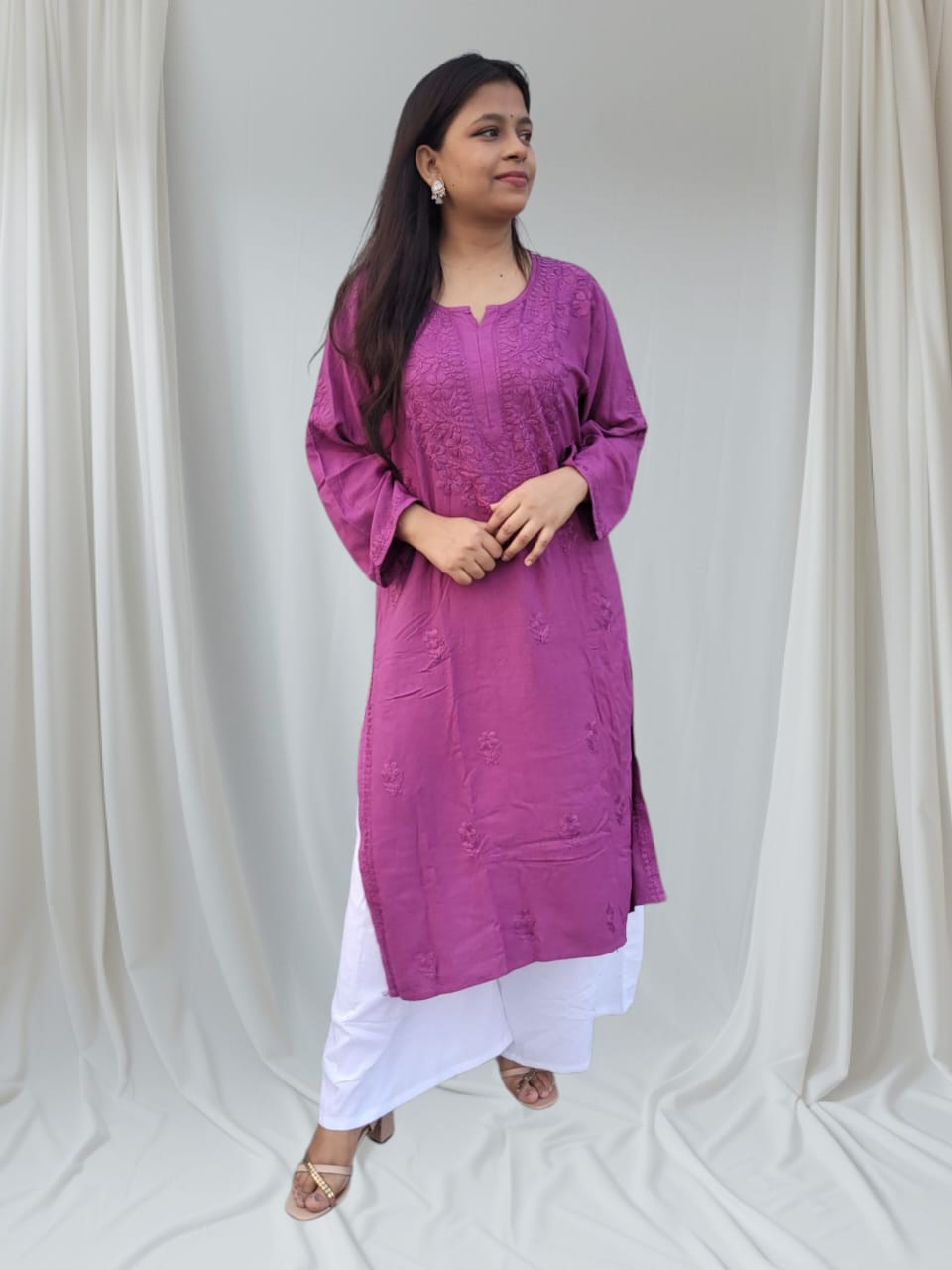 Mulmul Long Chikankari Kurta Magenta pink