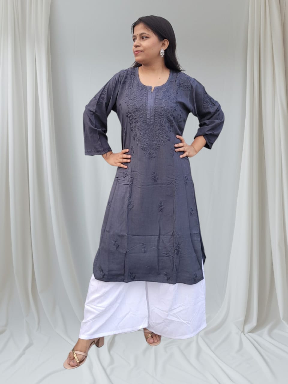 Mulmul Long Chikankari Kurta Pencil Gray