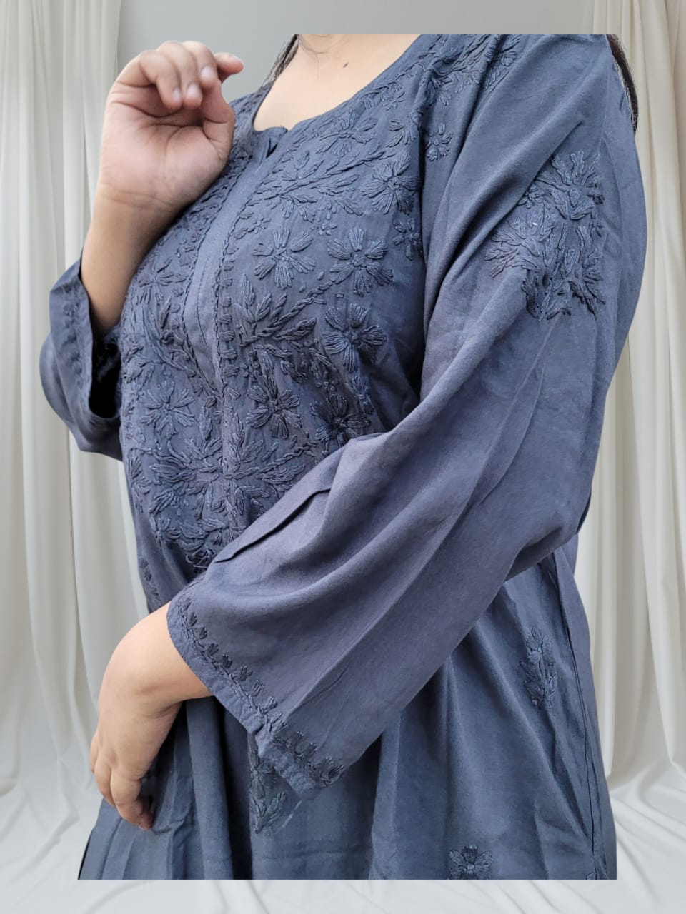 Mulmul Long Chikankari Kurta Pencil Gray