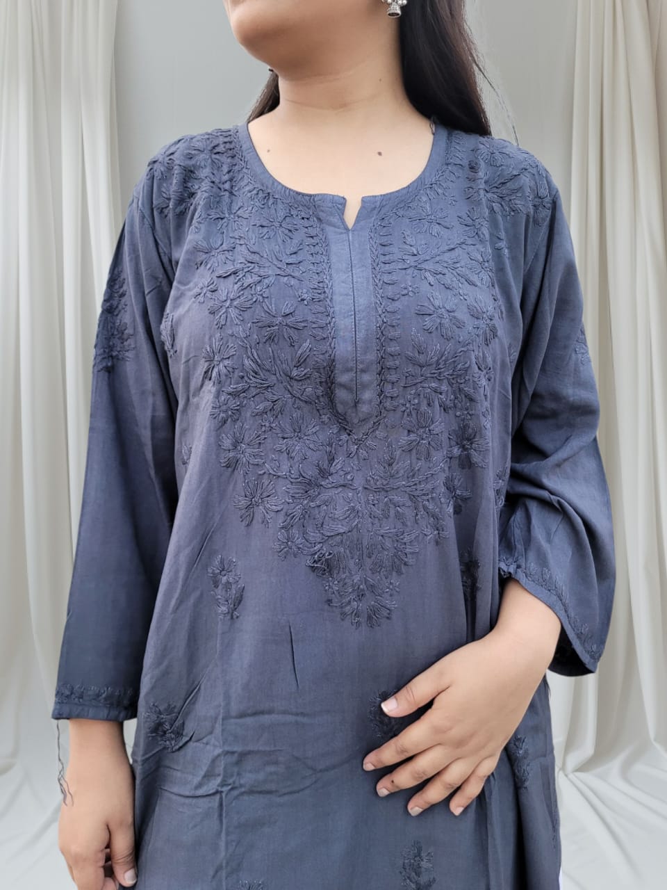 Mulmul Long Chikankari Kurta Pencil Gray