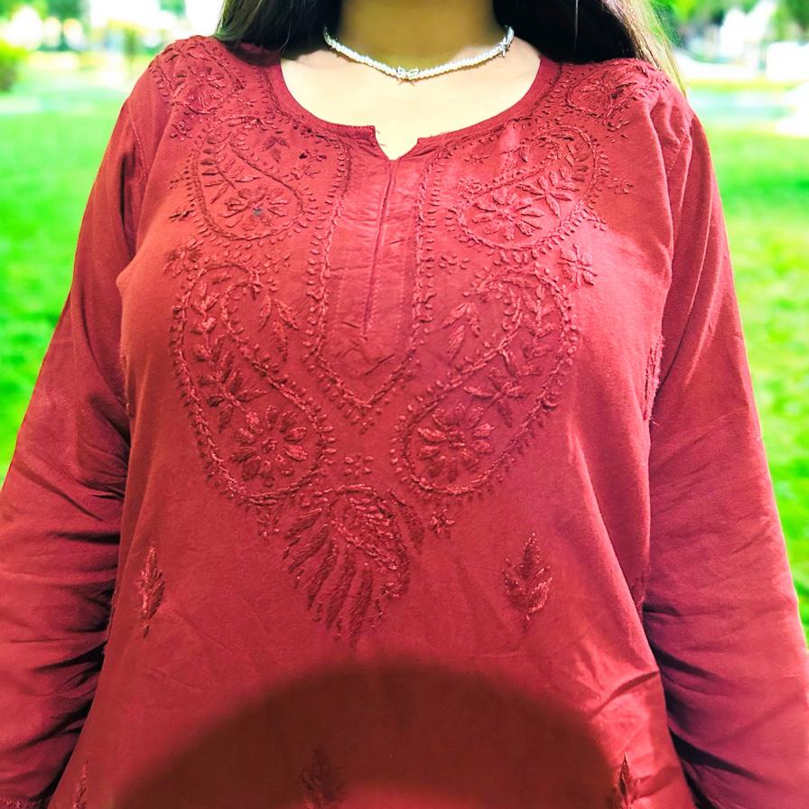 Mulmul Short Chikankari Kurta Maroon(Magenta)