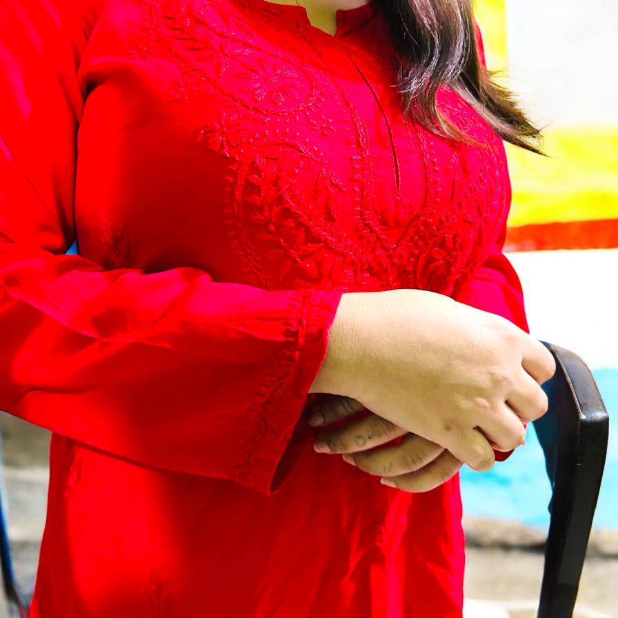 Mulmul Short Chikankari Kurta Red