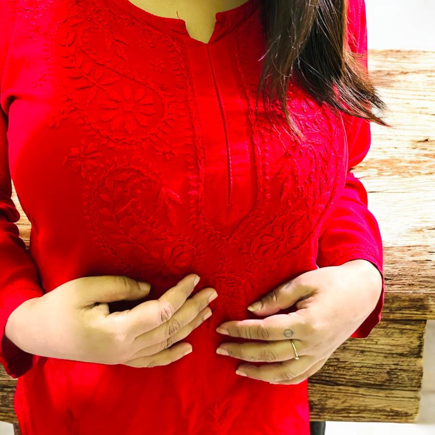 Mulmul Short Chikankari Kurta Red