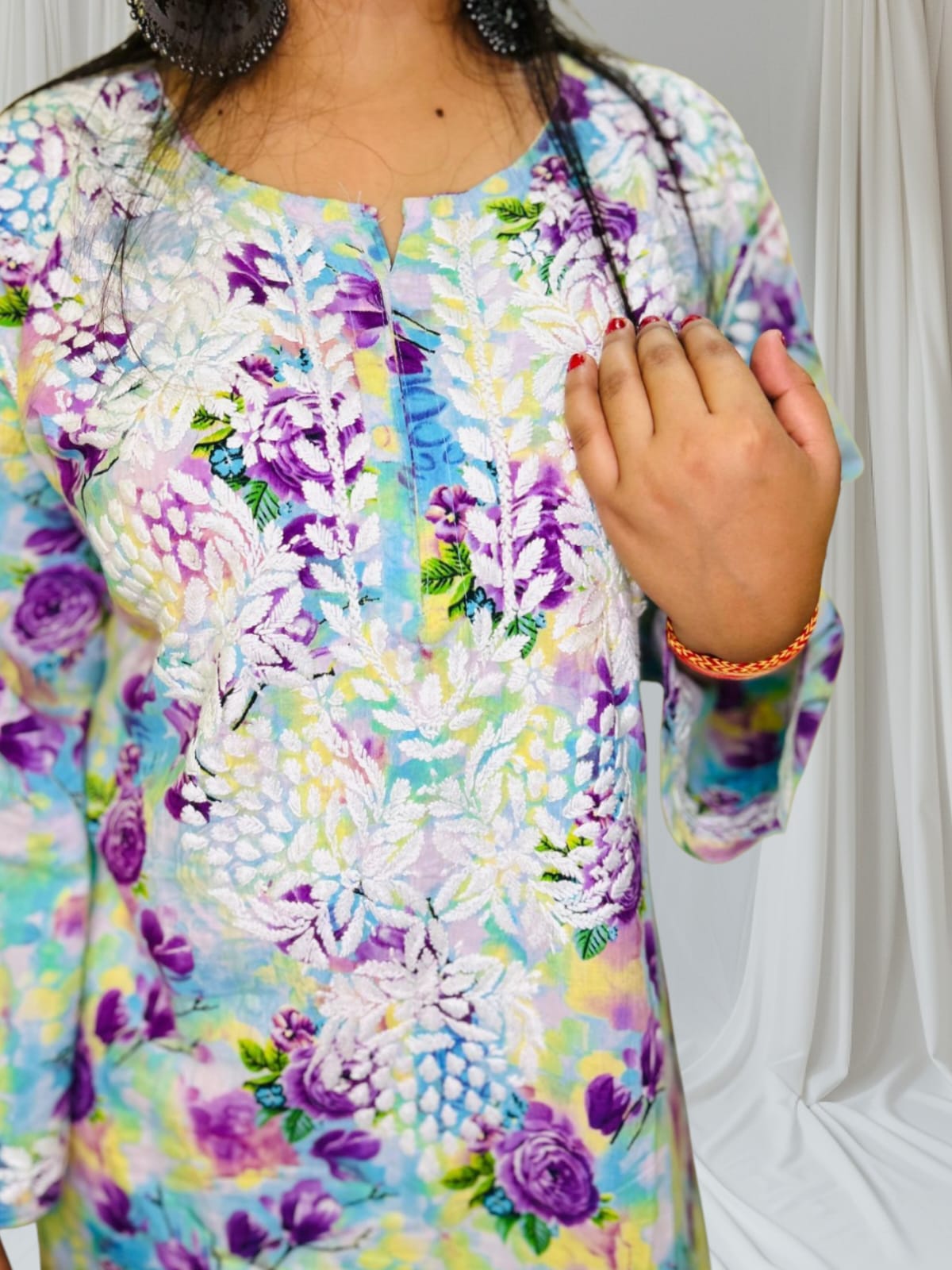 Chikankari Long Cotton Kurta Blue Multicolor