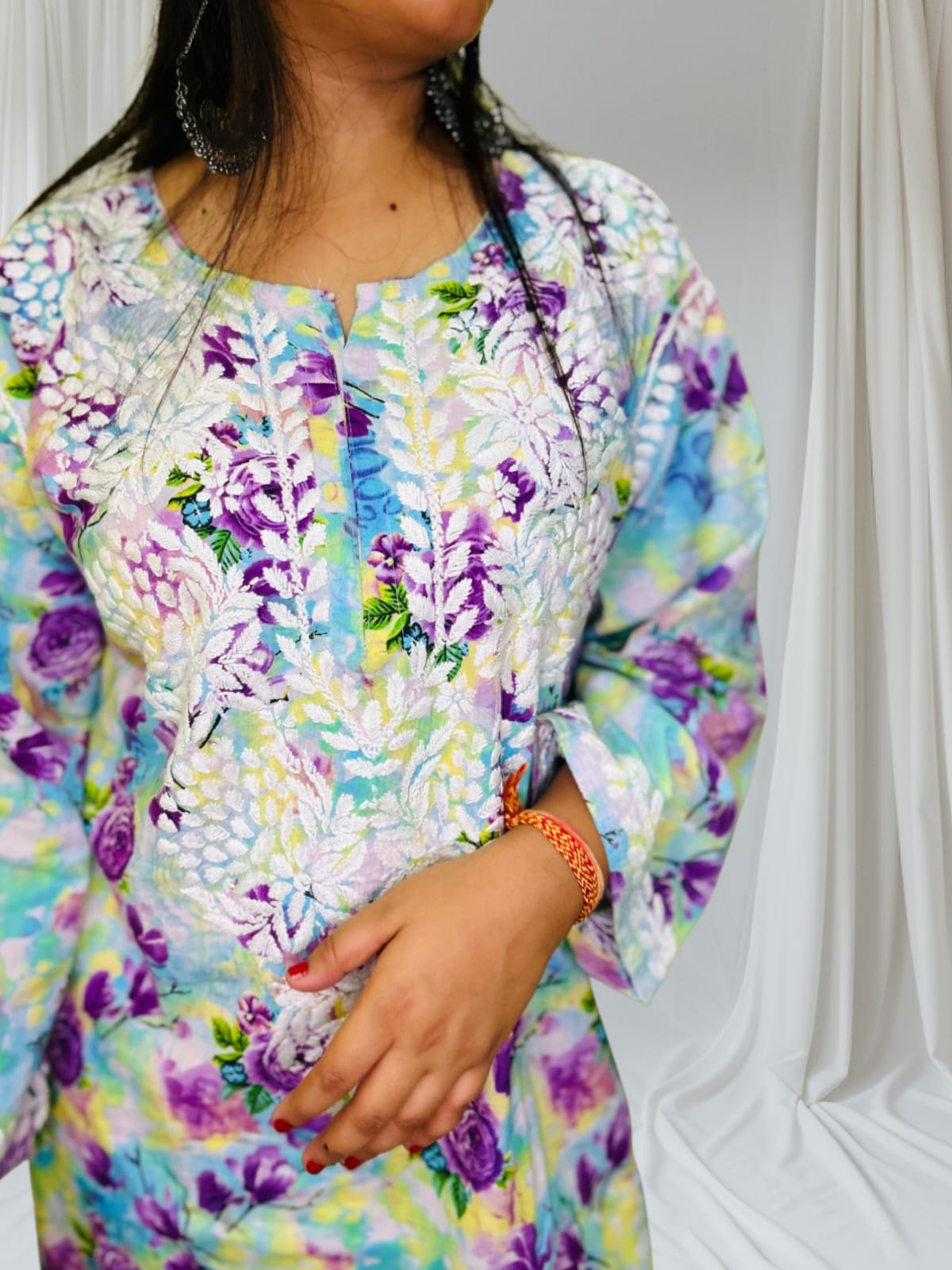 Chikankari Long Cotton Kurta Blue Multicolor