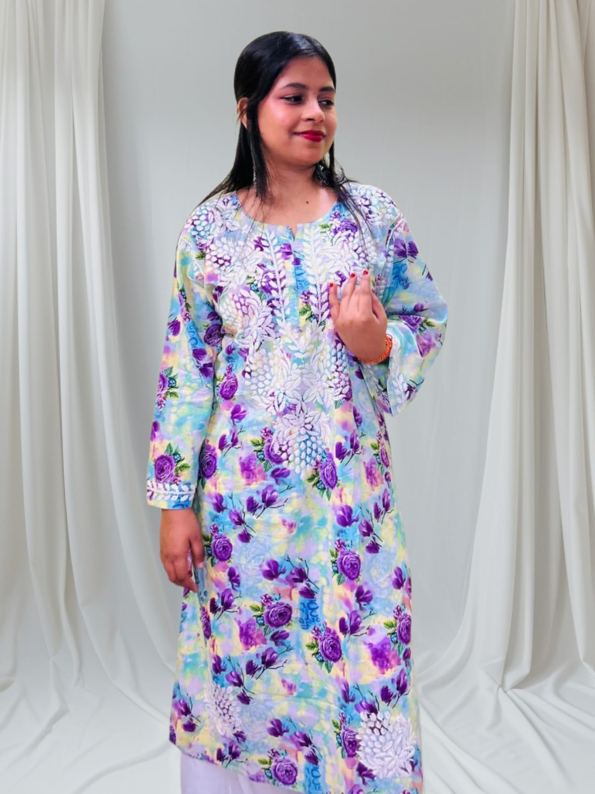 Chikankari Long Cotton Kurta Blue Multicolor