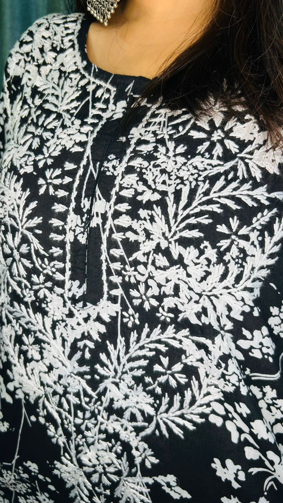 Chikankari Long Cotton Kurta Black 