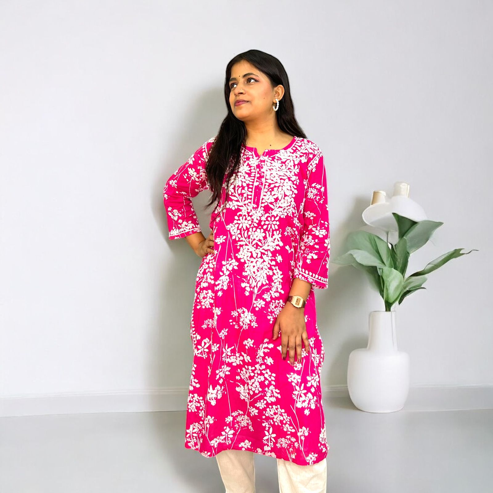Chikankari Long Cotton Kurta Pink