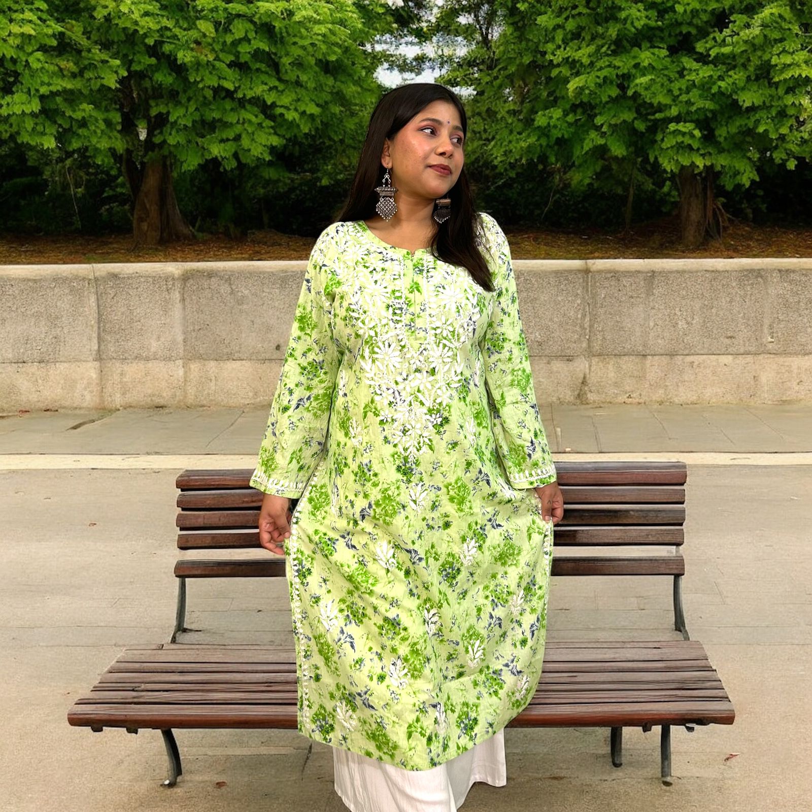 Chikankari Long Cotton Kurta Green