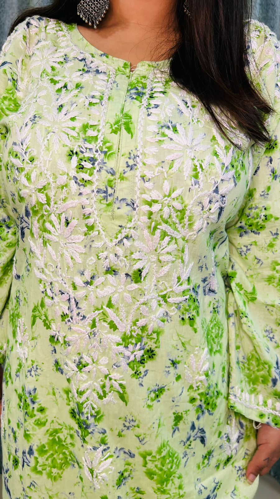 Chikankari Long Cotton Kurta Green