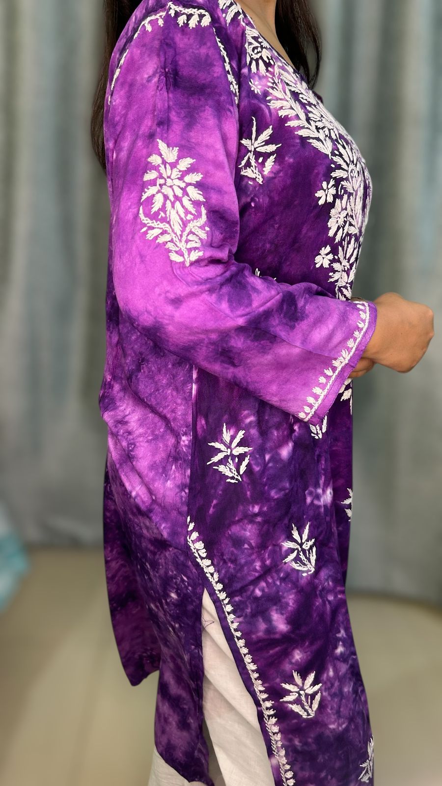 Chikankari Long Mulmul Kurta Purple