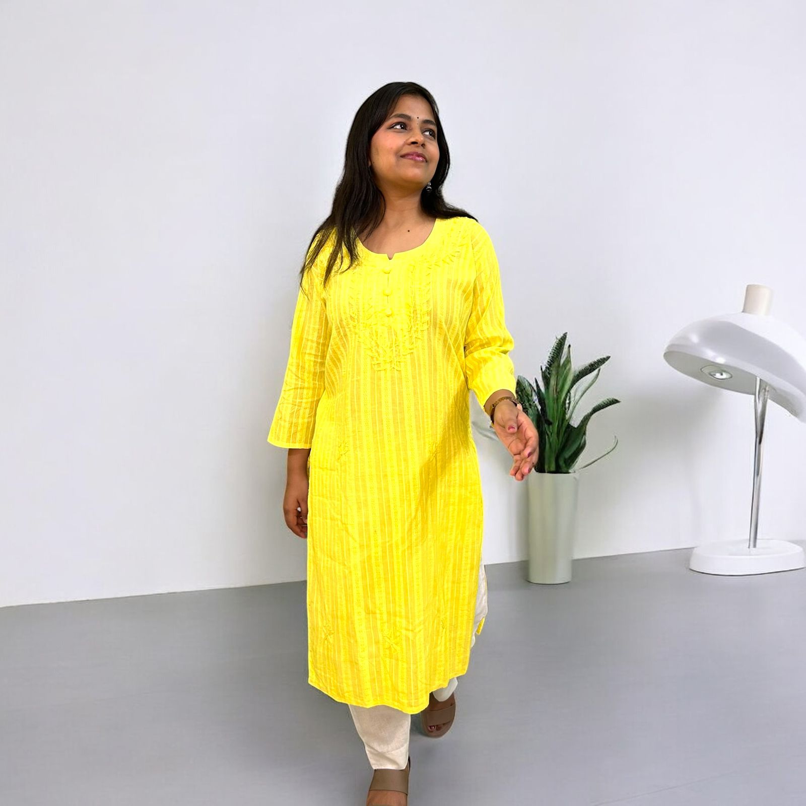Chikankari Long Cotton Kurta Yellow