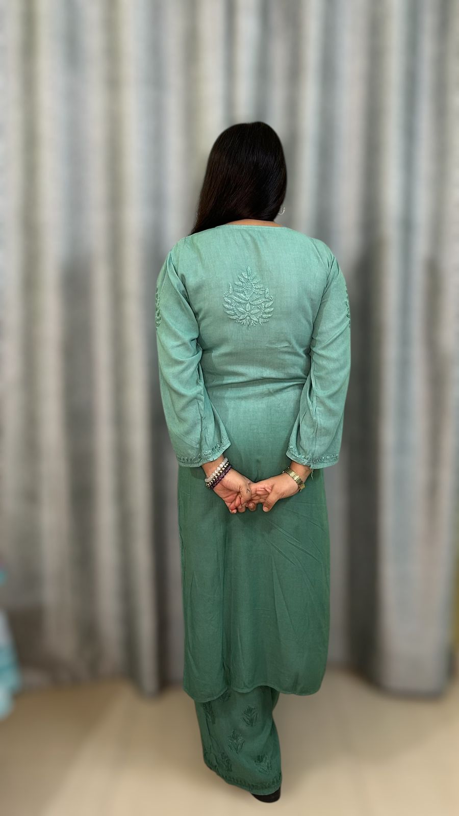Chikankari Long Mulmul Kurta Set Green