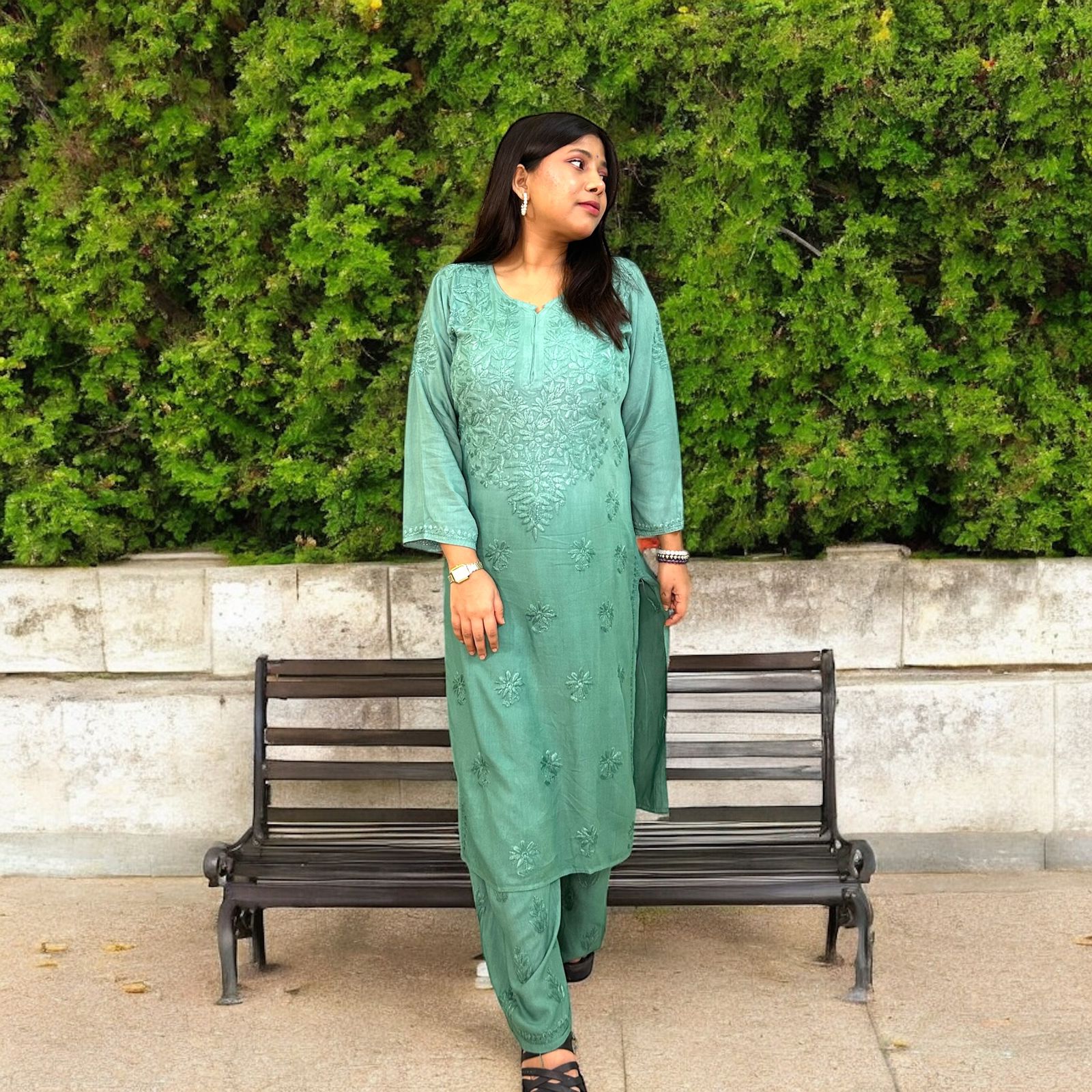 Chikankari Long Mulmul Kurta Set Green