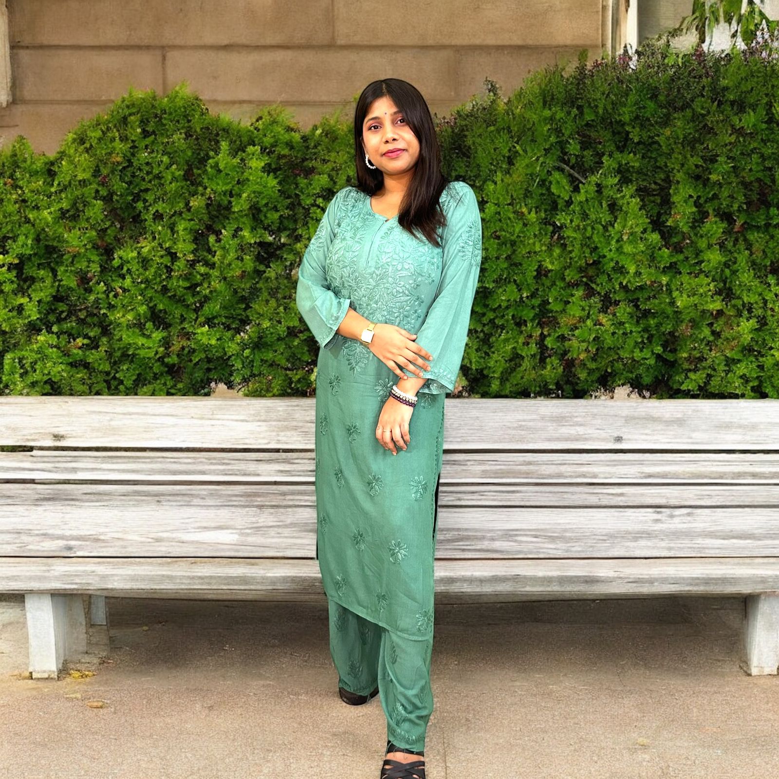 Chikankari Long Mulmul Kurta Set Green