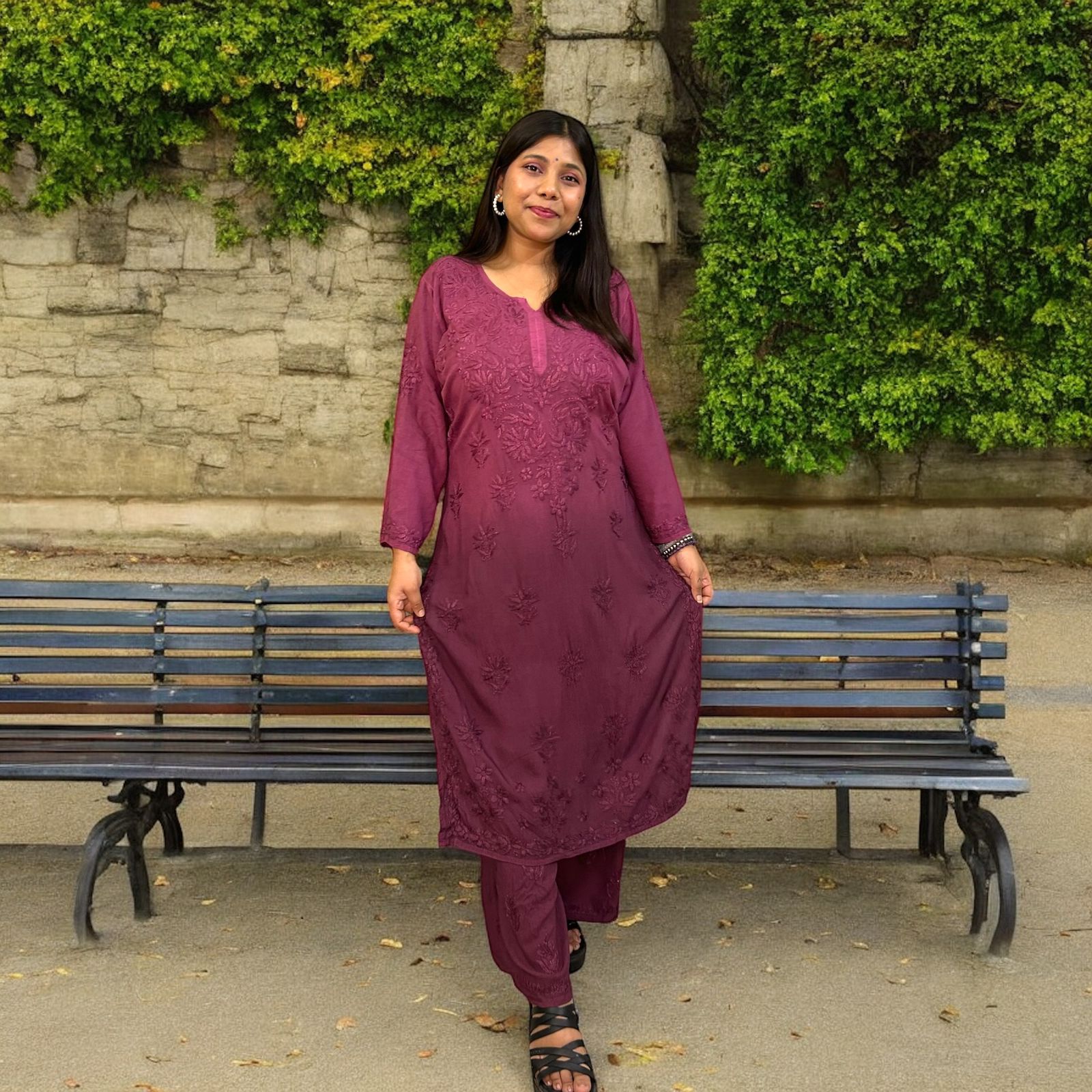 Chikankari Long Mulmul Kurta Set Purple