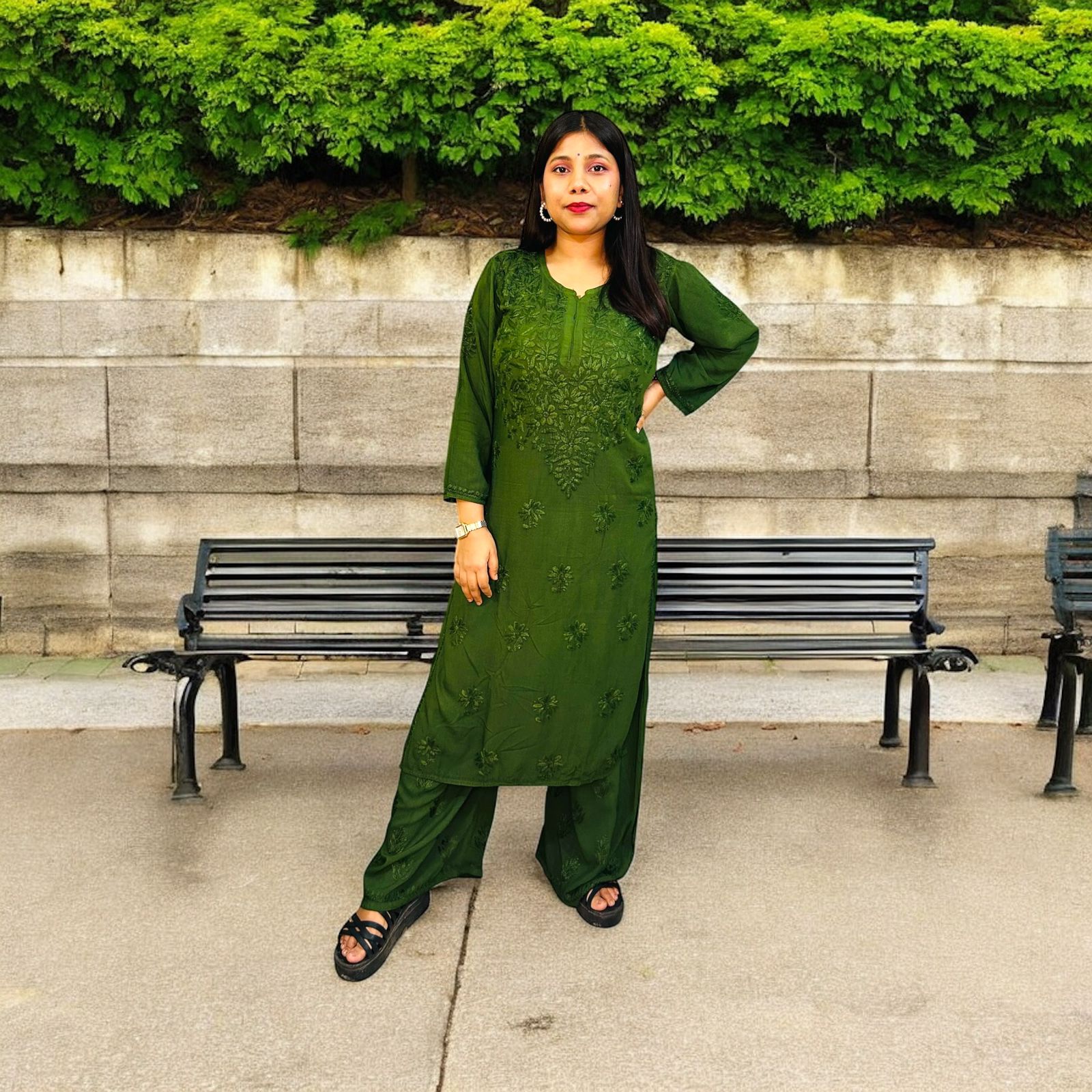 Chikankari Long Mulmul Kurta Set Green