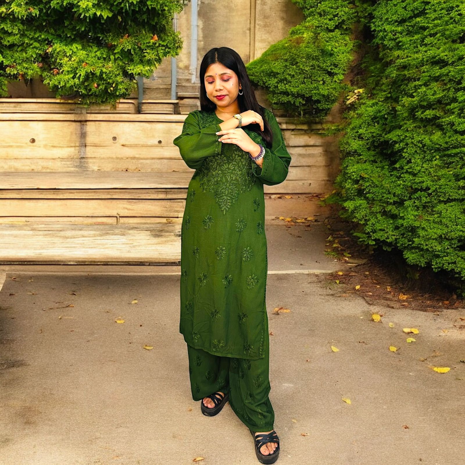 Chikankari Long Mulmul Kurta Set Green
