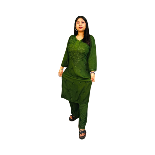 Chikankari Long Mulmul Kurta Set Green