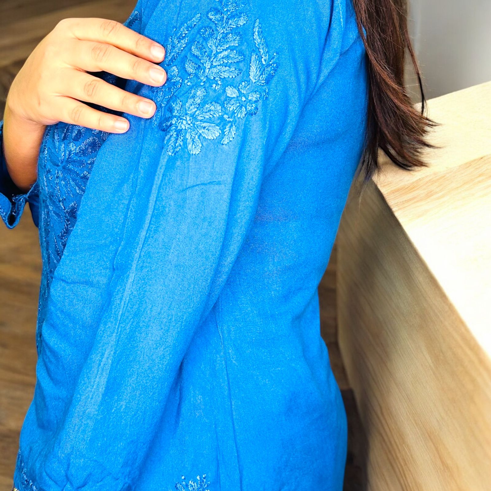 Chikankari Long Mulmul Kurta Set Blue