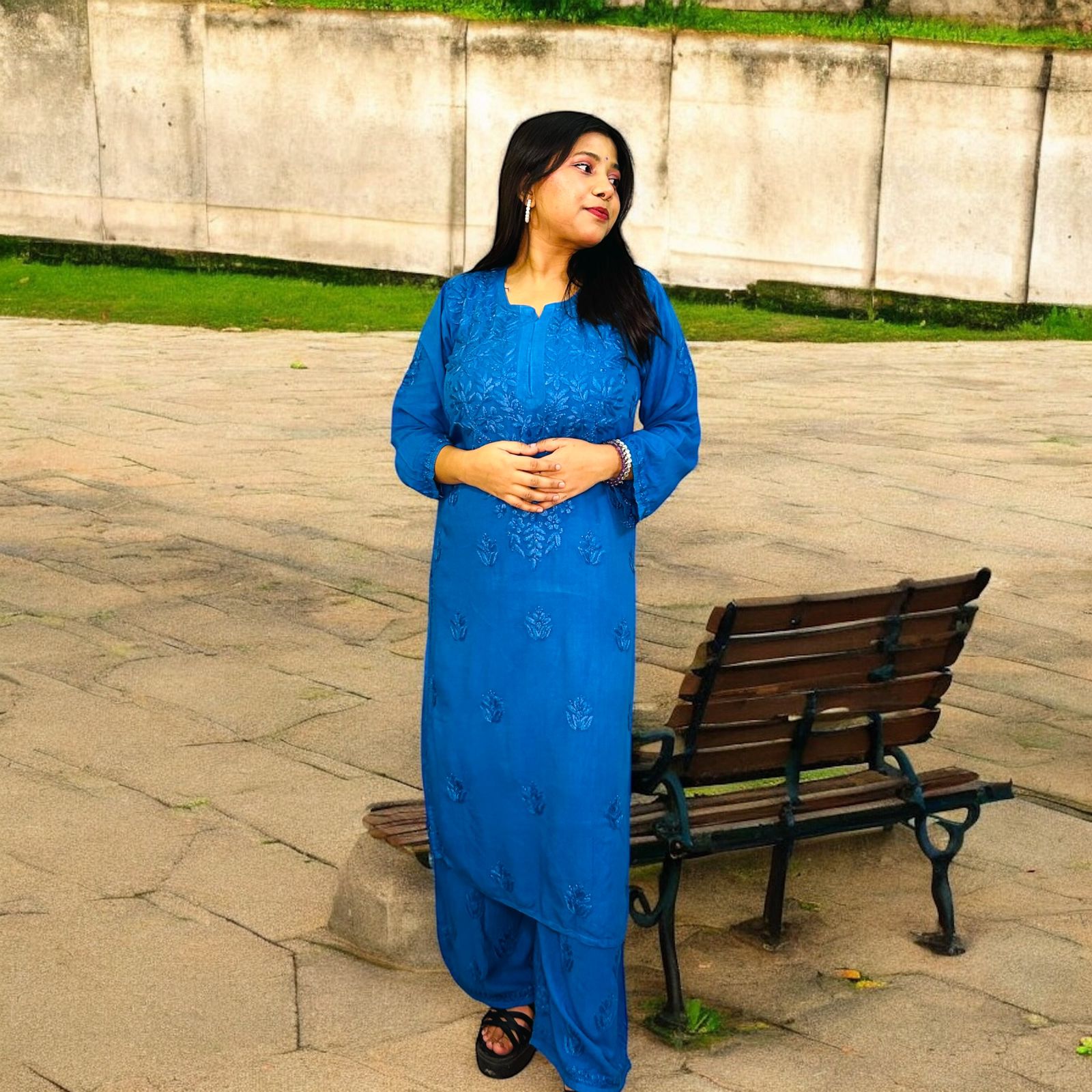 Chikankari Long Mulmul Kurta Set Blue