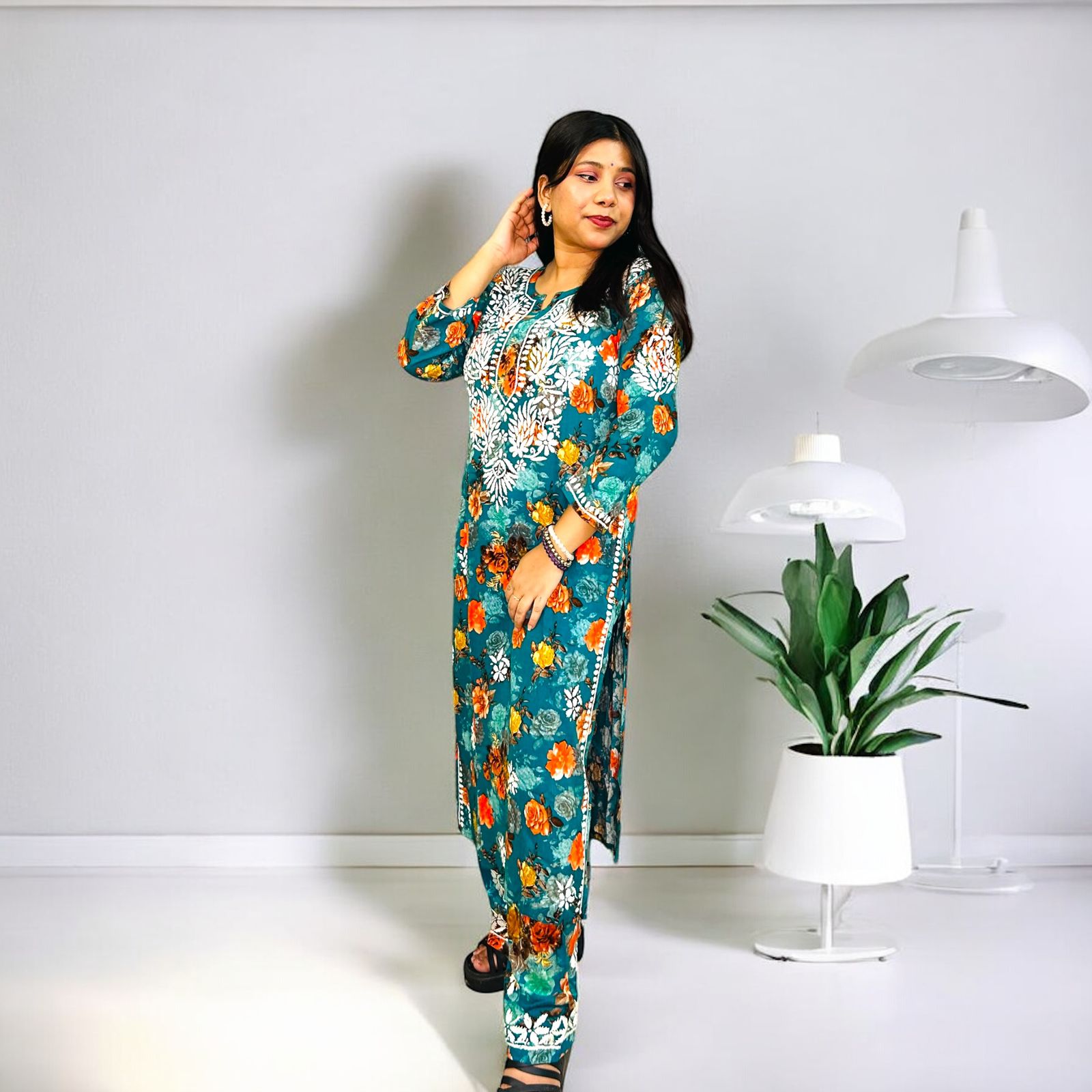 Chikankari Long Mulmul Kurta Set Multicolor