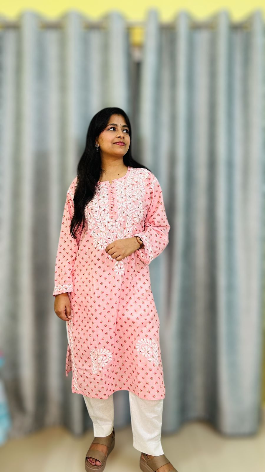 Chikankari Long Cotton Kurta Pink