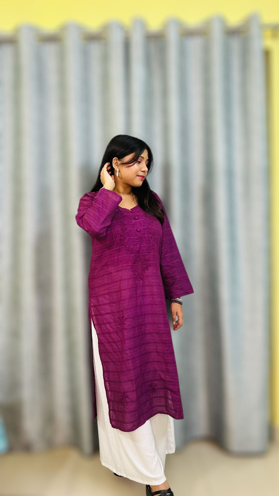 Chikankari Long Cotton Kurta Purple