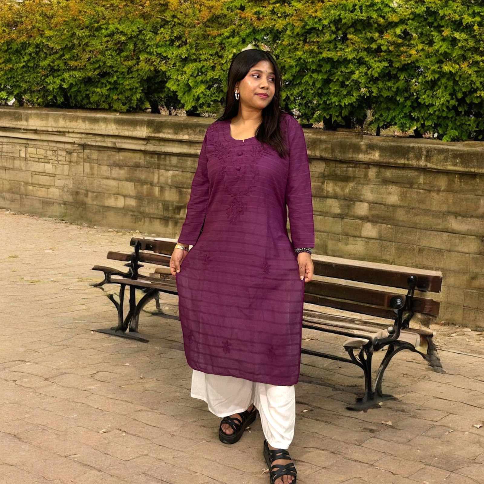 Chikankari Long Cotton Kurta Purple