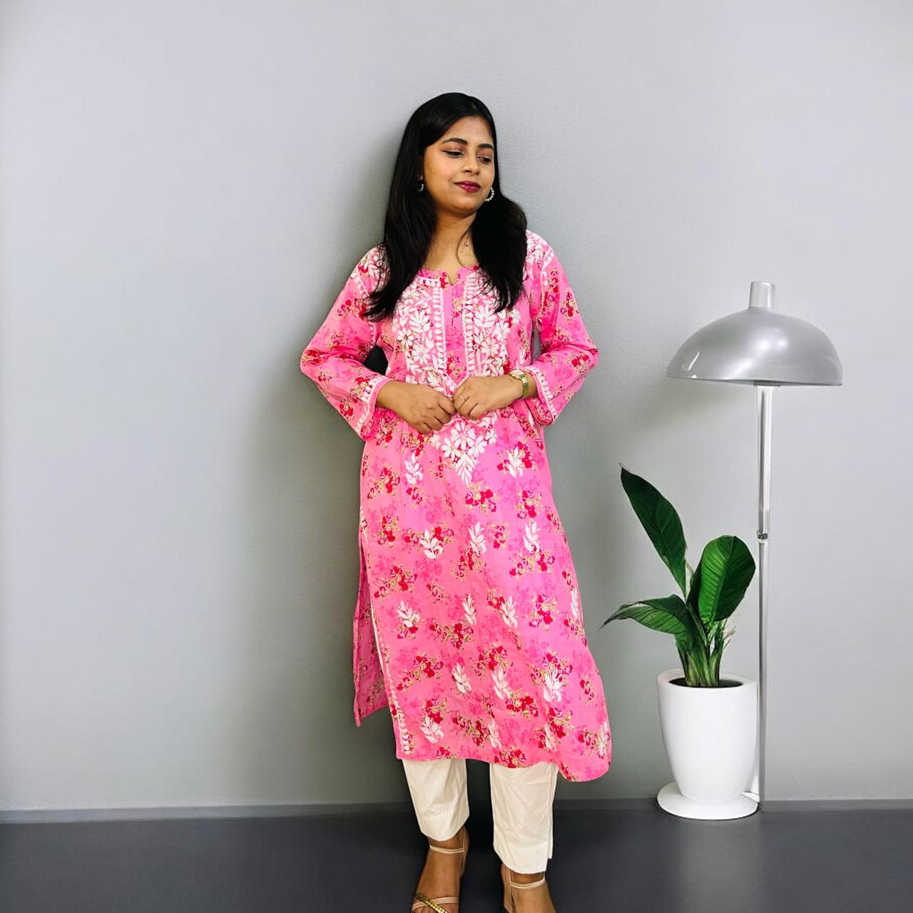 Chikankari Long Cotton Kurta Pink