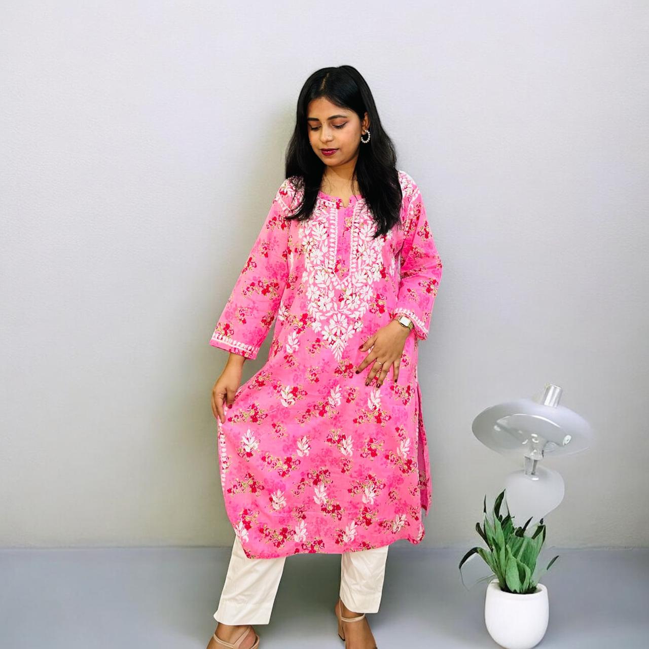 Chikankari Long Cotton Kurta Pink