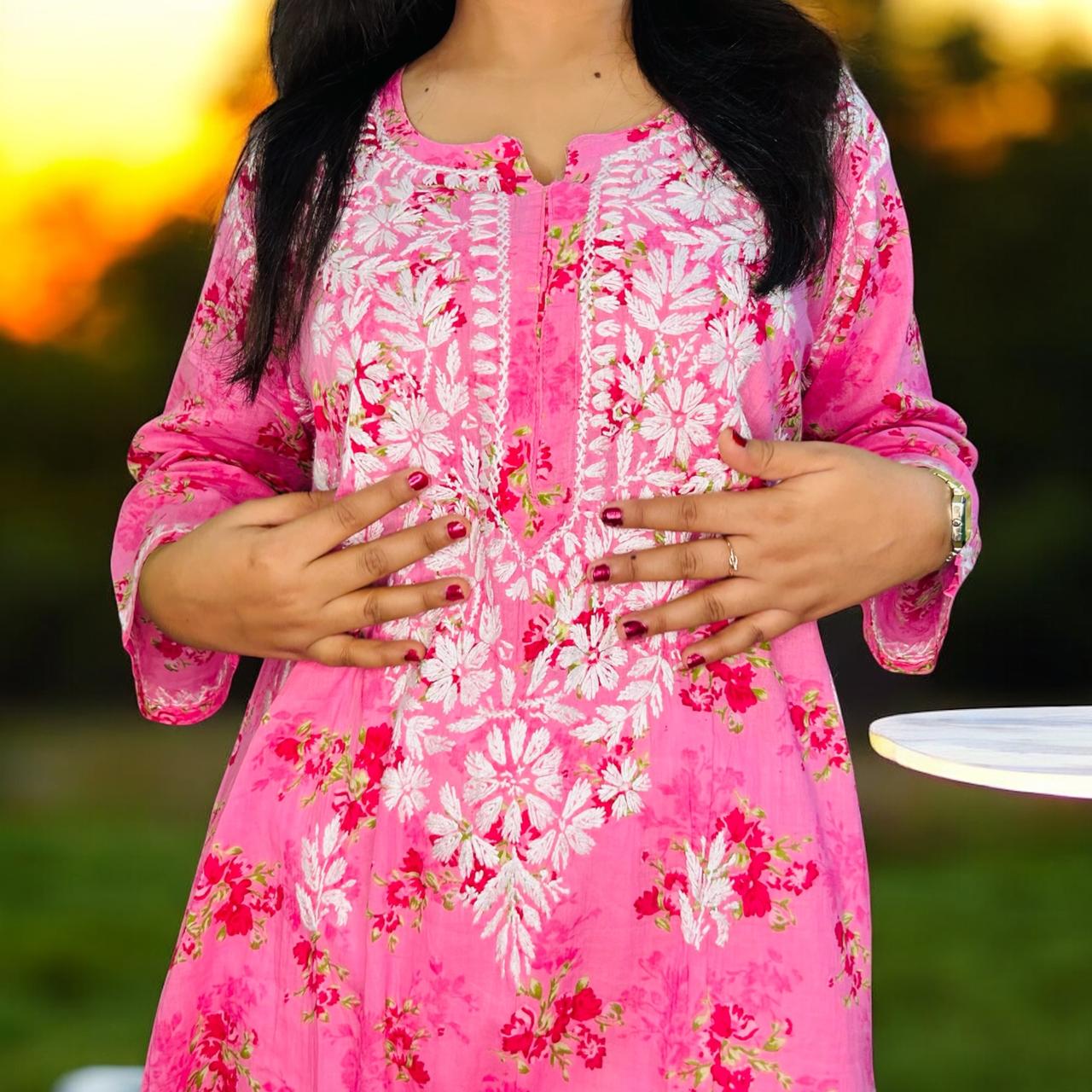Chikankari Long Cotton Kurta Pink