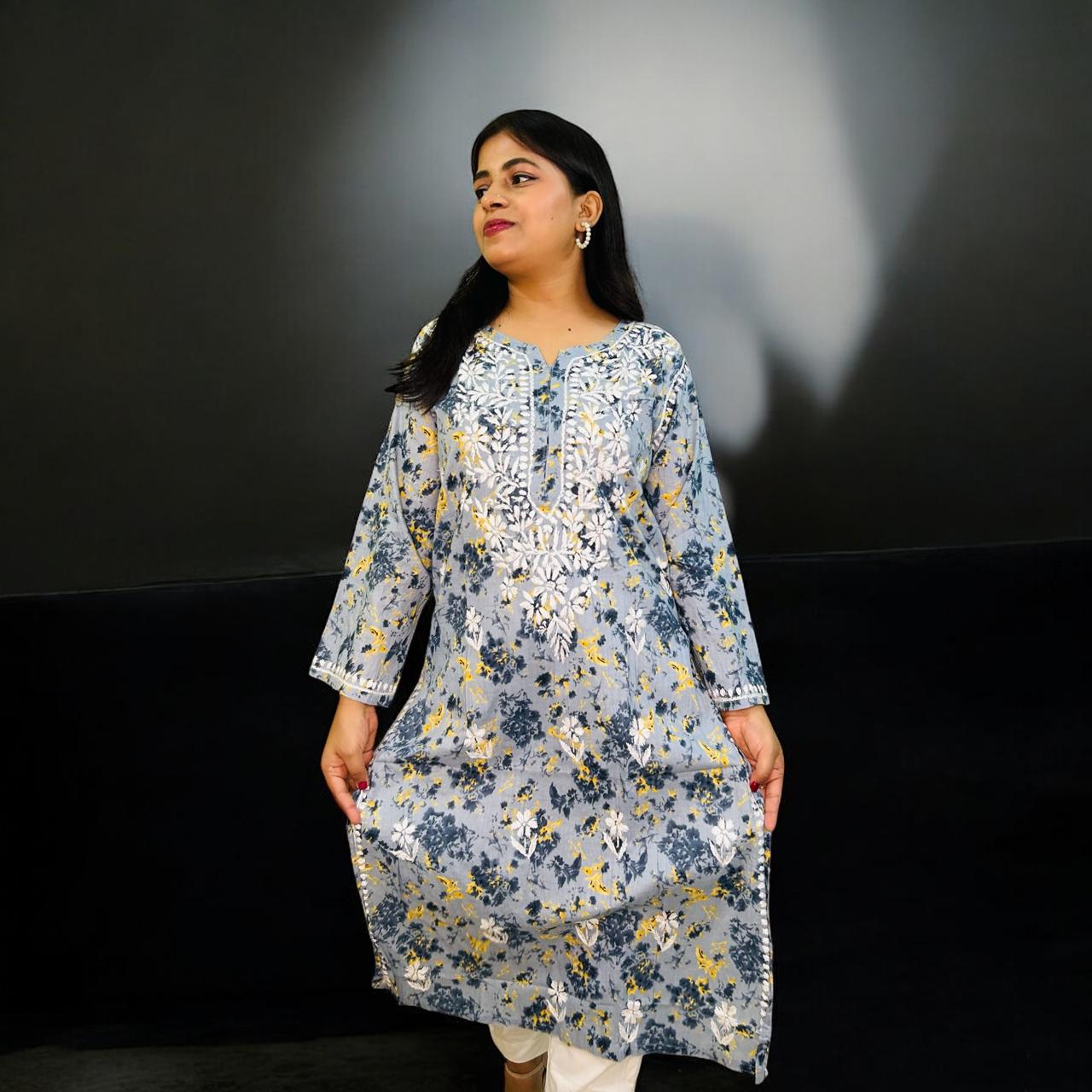 Chikankari Long Cotton Kurta Gray