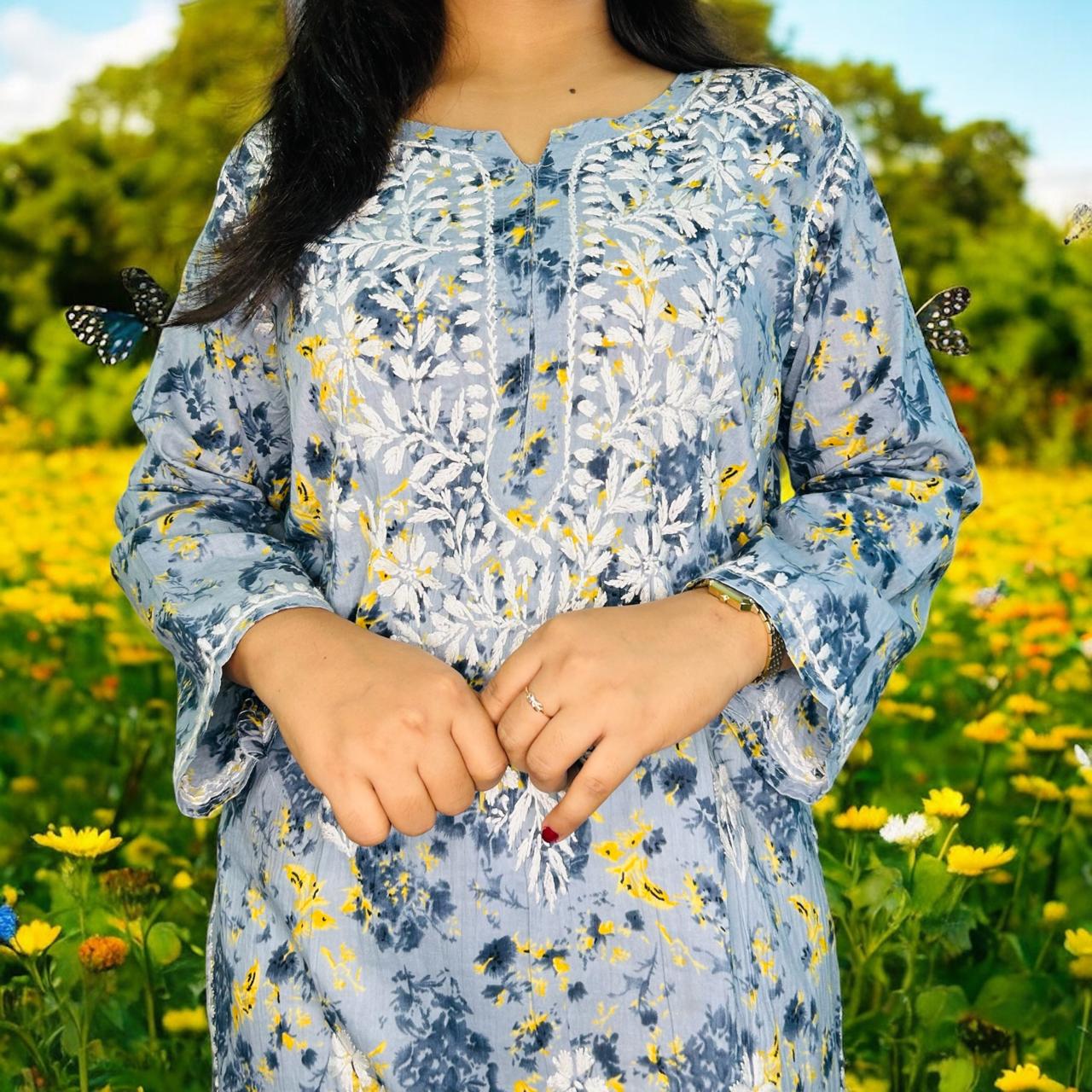 Chikankari Long Cotton Kurta Gray