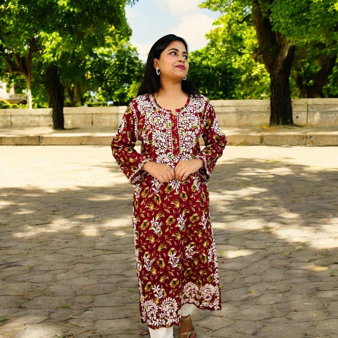 Chikankari Long Cotton Kurta Maroon