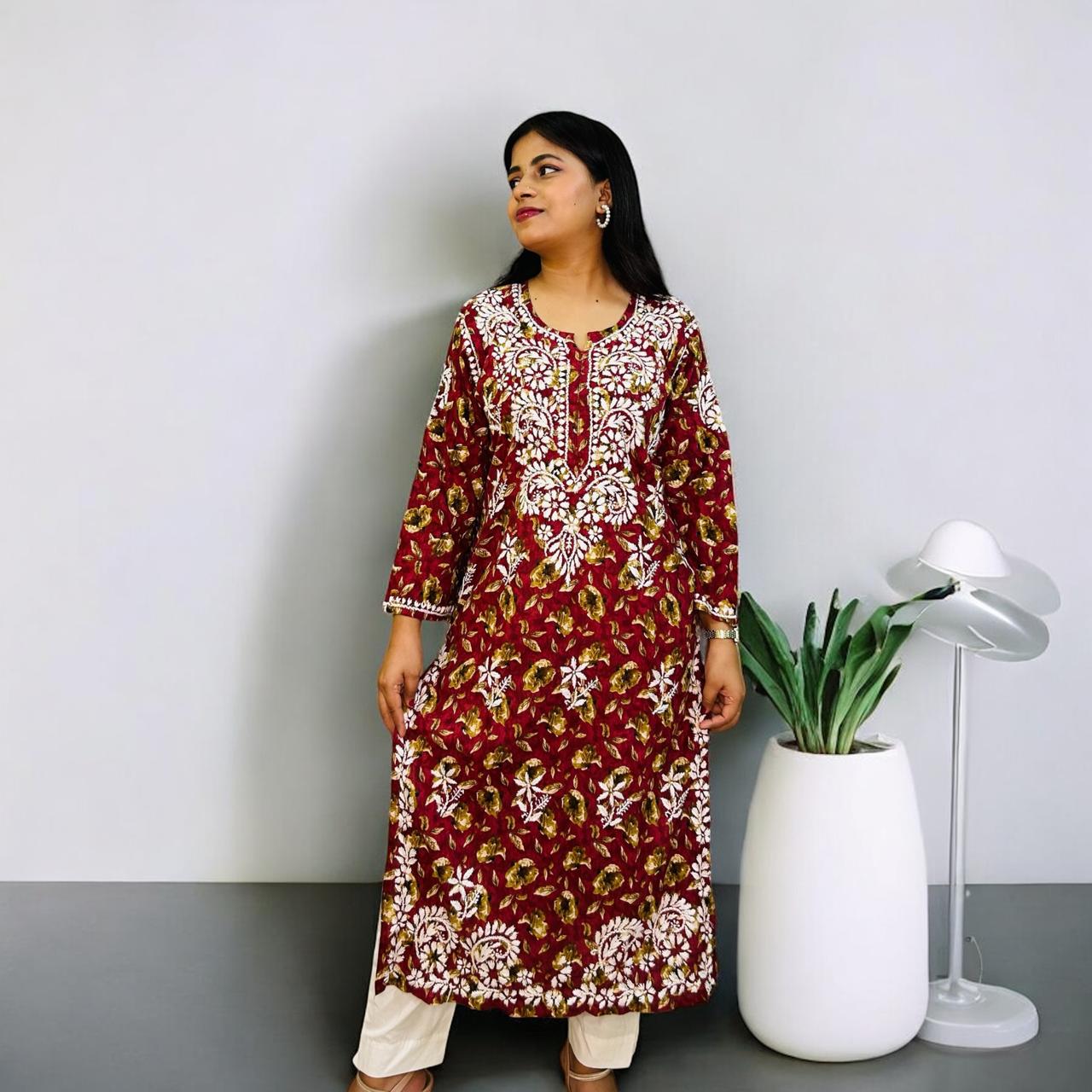 Chikankari Long Cotton Kurta Maroon