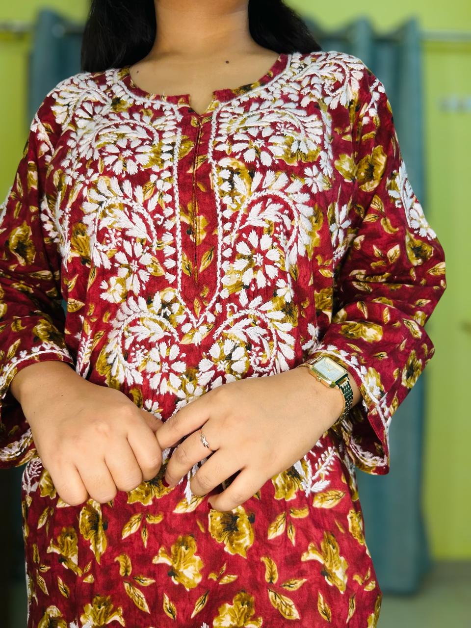 Chikankari Long Cotton Kurta Maroon