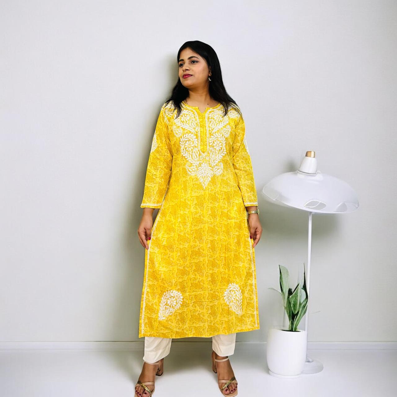 Chikankari Long Cotton Kurta Yellow