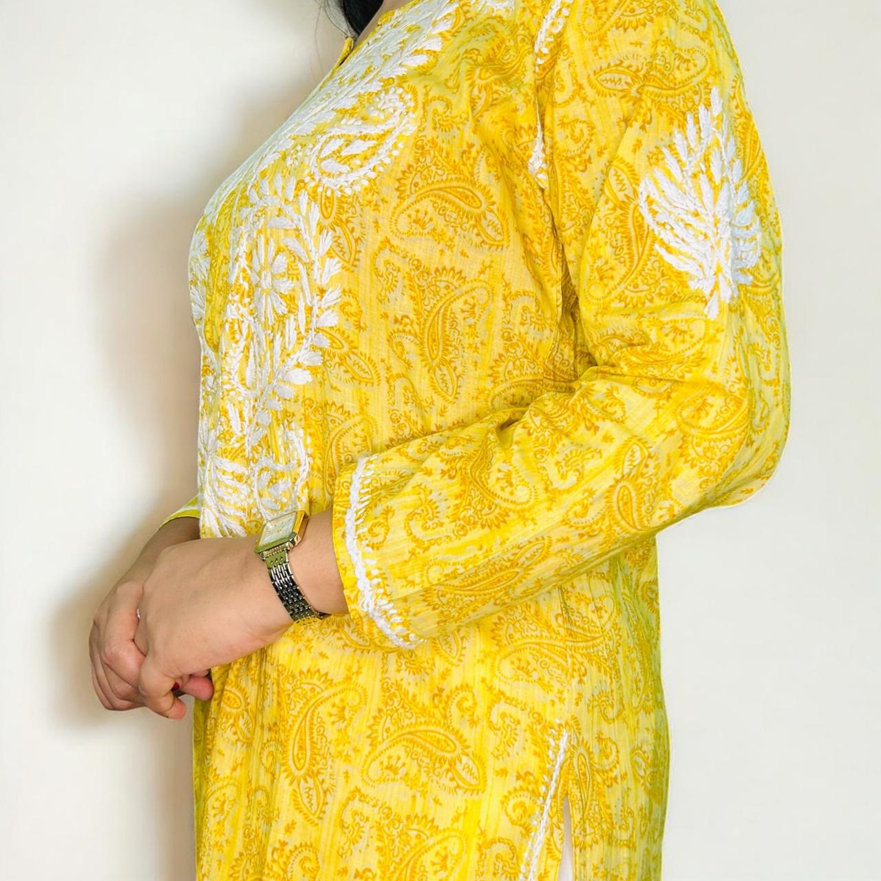 Chikankari Long Cotton Kurta Yellow