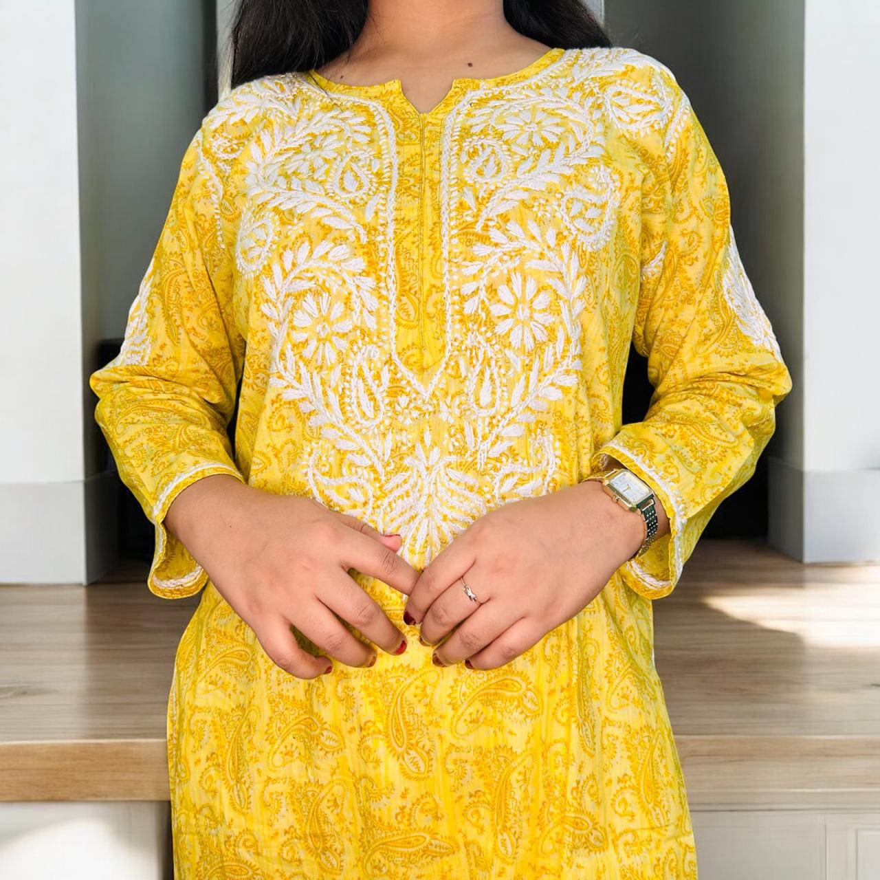 Chikankari Long Cotton Kurta Yellow